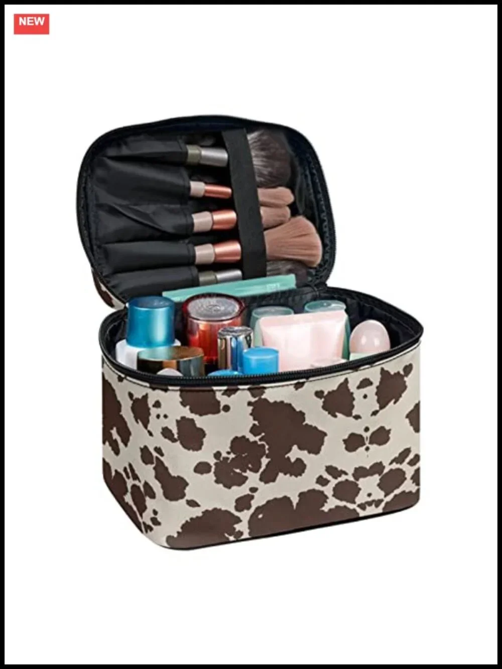 Cow Print Waterproof Travel Makeup Bag Tote Organizer with Handle for Women